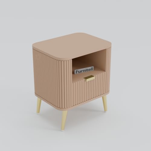 Image of Premium HDMR Wood Bedside Table with 1 Drawer & Open Storage Shelf, Fluted Nightstand with Golden Legs for Bedroom, Modern End Table, for Living Room | Taupe Finish, Set of 2