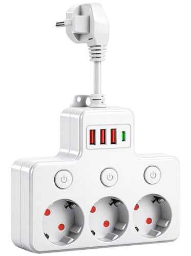 Steckdosenleiste mit 3 Fach Steckdosen mit 3 USB & 1 USB-C,Wandmontage steckdosenverteiler mit Einzelschaltern,steckerleiste für Büro, Hause, Reisen,küche,Badezimmer