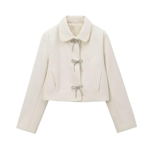 Winter Jacket Fashion Minimalist Women's Twiil Jacket With Sequins Bow Buttons Beige Jacket Women Tops