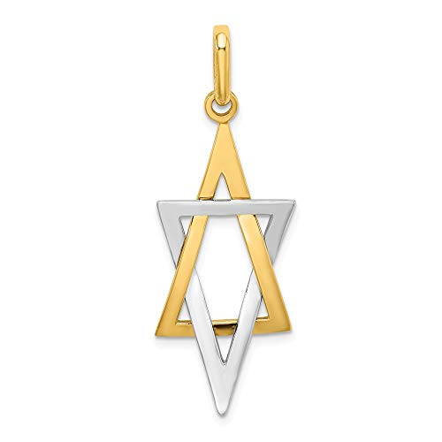 Solid 14k White and Yellow Gold Two Toned Elongated Jewish Star of David Lucky Jewish Charm Pendant - 38mm x 14mm