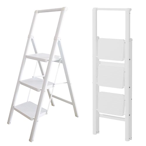 UABA Escalera Plegable 3 peldaños Blanca, Liviana y Estable, peldaños Anchos Antideslizantes, EN 131 150 kg