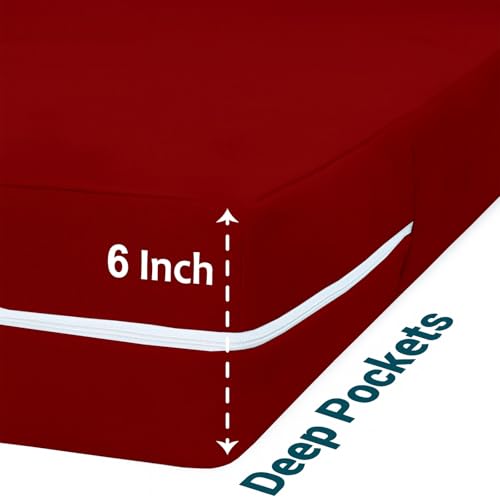 Image of Zipper Closure Style Mattress Protector Queen Size 100% Waterproof Six-Sided Mattress Encasement for Bed 72x60 Inch Fit On 6 Inch 6X5 Feet Maroon