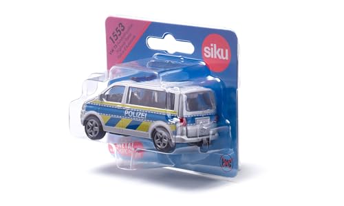 siku 1553, VW T5 Autobahnpolizei, Spielzeugauto für Kinder, Metall/Kunststoff, Silber, Öffenbare Heckklappe, Anhängerkupplung