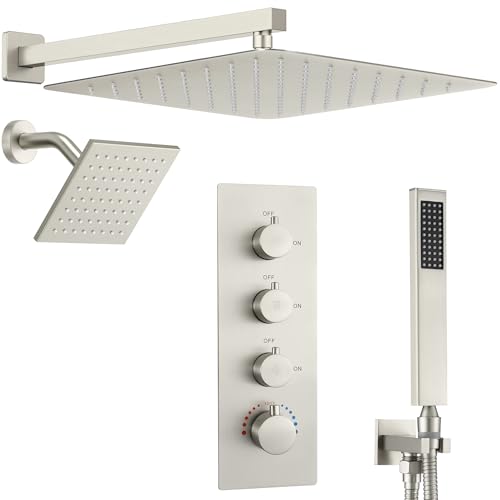 16' Thermostatic Dual Rainfall Head Shower System with Handheld & Valve, 16-Inch Shower Faucet Set with 6-Inch Shower Head, Wall Mount Brushed Nickel Full Body Shower System for Couples/2-Person