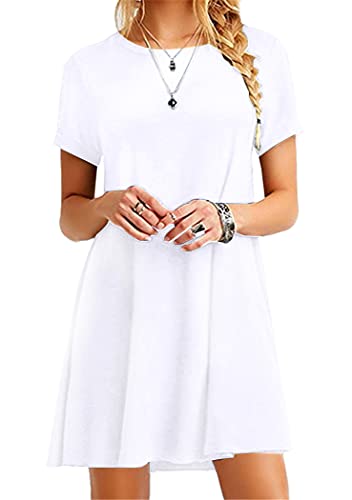 OMZIN Damen Tunika Strand Kleid Kurzarm Casual Kleid Sommerkleid Shirtkleid Casual Loose Lokeres Strandkleid Weiß XL