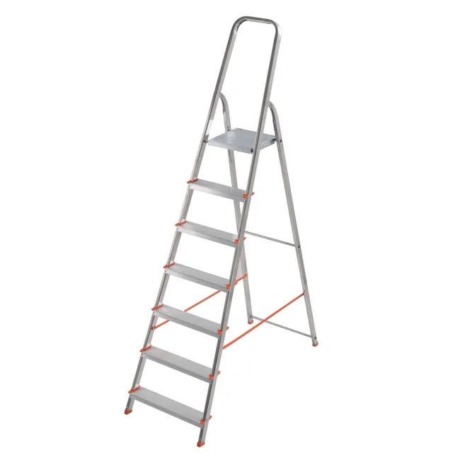 inferramenta Scala Scaletto 7 Gradini per uso professionale in Alluminio Portata 150 Kg Certificazione EN 131 Con Vano Portaoggetti