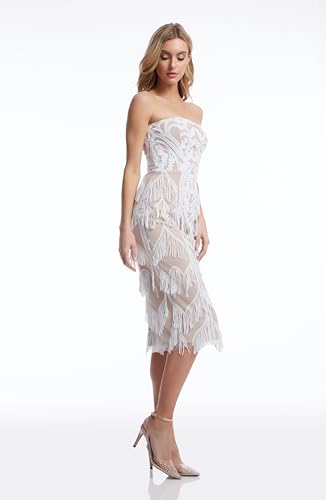 Image of Dress the Population White-Nude Fringed Strapless Dress
