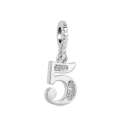 FGT Ciondolo con numeri fortunati per braccialetti e collane con ciondolo 0, 1, 2, 3, 4, 5, 6, 7, 8, 9 tonalità argento con zirconia cubica trasparente, Metallo, Zirconia cubica