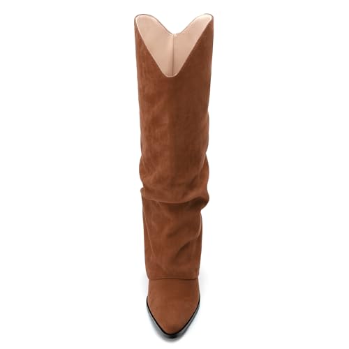 Roserwish Women's Slouchy Knee High Boots - Fold Over Mid Calf, Wide Calf, Pointed Toe, Chunky Heel, Pull-On Fall Winter Dress Shoes3