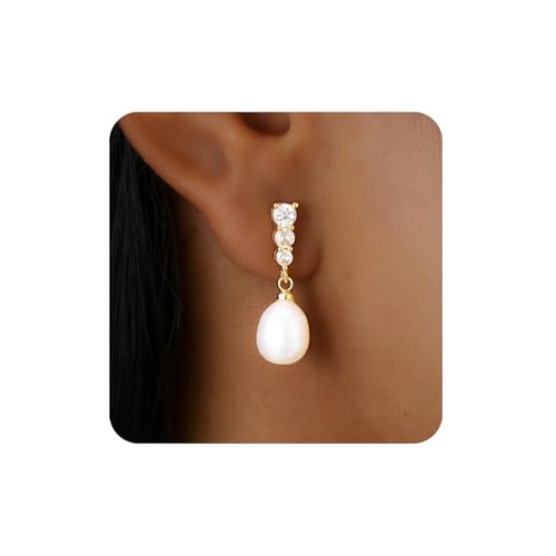 14k Gold Plated Pearl Drop Earrings for Women, Dainty Wedding Jewelry, Elegant Dangles, Prom Bridal Jewelry, Bridesmaid Gift, Minimalist Earrings