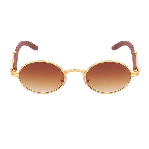Junsika Retro Oval Sunglasses for Men Women Classic Vintage Imitation Wood Small Round Black Sunglasses2