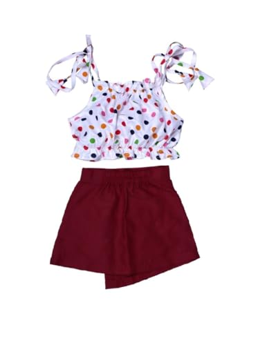 Image of ANNECA Baby Girls Polka Dot Tie-Shoulder Crop Top with Maroon Button-Detail Skirt Set, 2 Pieces
