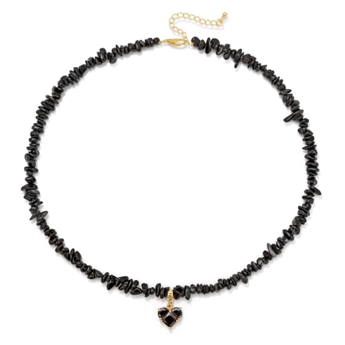 GolbalJew Black Obsidian Healing Crystal Choker Necklace Stone Chips Beaded Heart Pendant Necklaces for Women Gemstone Jewelry Gifts