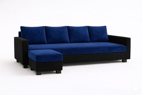 Image of SOCOZI Braven 5 Seater L Shape Sofa Set with Movable Ottoman | Flexible Layout | Soft Velvet Suede Fabric | Modern Design | Plush Comfort Cushions for Living Room (Dark Blue-Black)