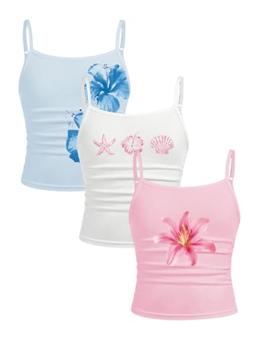 RoseSeek Girls 3 Packs Cheetah Leopard Floral Tank Top Spaghetti Strap Fitted Summer Cute Camisole Tops Pink White Blue 12Y