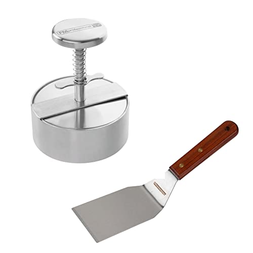 FMProfessional Set de Utensilios de Cocina, incluye Prensador de Hamburguesas Profesional XXL de Acero Inoxidable y Paleta para Plancha de Acero Inoxidable, 30x7 cm