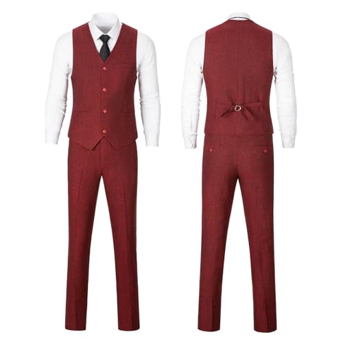 Image of Retro 3 Piece Suit Tweed Herringbone Men's Suits Slim Fit Jacket Vest Pant | Tweed Wool Blend Retro 3 Piece Suit Herringbone Men's Suits Vintage Wedding Groom Tux Set Dress Prom Single Breasted Jacket