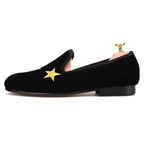 FERUCCI Handmade Men Black Velvet Slippers Flats Loafers with Gold Stars3