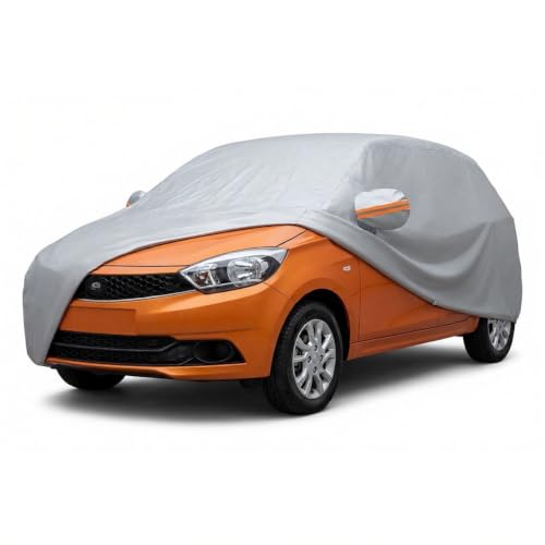 Image of myTVS 100% Waterproof Car Body Cover for Tata Tiago - Custom-Fit, Double-Layer, UV & Dust Proof, Mirror Pockets & Elastic Clip Lock (CSK 3A)