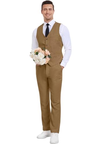 Men's Linen Suits 2 Piece Slim Fit Suit Prom Beach Wedding Groomsman Vest Pants Set Casual Summer Linen Outfit3