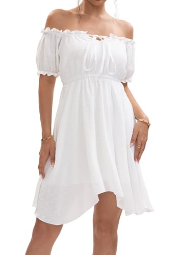 Image of Womens Off Shoulder Ruffle Puff Sleeve Tie Up Irregular Swiss Dot Mini Cottagecore Dress