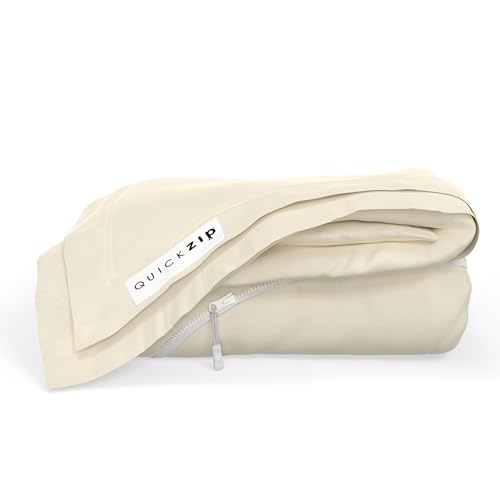 Image of QuickZip Fitted Plus Spare Bundle: 1 Fitted Sheet (Base + Zip Sheet) & 1 Zip Sheet - Easy to Change, Won't Pop Off - Soft Percale 400 TC 100% Cotton - 15 inch Deep Pockets RV King Size Sheets - Ivory