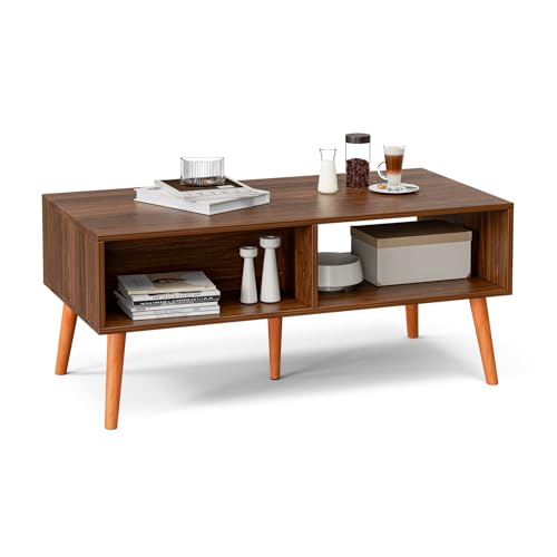 Image of ZttRiee Rattan Coffee Table with Drawer, Mid-Century, Walnut | 39.4 inchL x 19.7 inchW x 16.9 inchH, 220 lbs capacity, 1 rattan drawer & open compartments, solid wood legs, ~30 min assembly