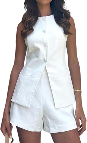 MOLERFO Sleeveless Waistcoat and Shorts Set Suit Vest Sets Blazer Linen Set Y2k Matching Set 2 Piece Going Outfits