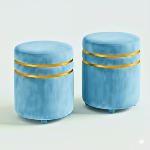 Image of Decorative Ottoman Pouffes for Sitting - Two-Piece Set of Puffy Stools and Footstools - Round Ottoman Stool for Living Room Furniture (Sky Blue)
