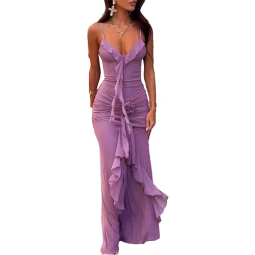 Women Draped Slim Party Sexy V-Neck Ruffle Chiffon Elegant Sleeveless Hight Waist Solid Long Dress
