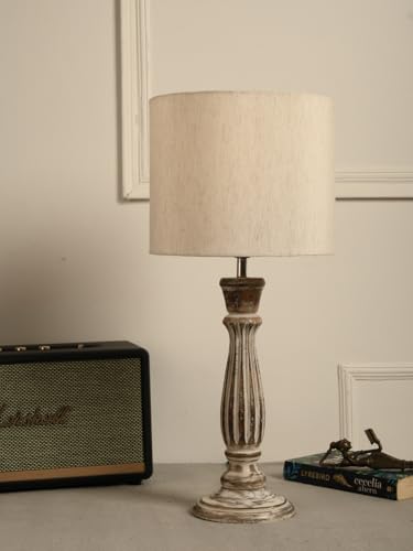 Image of Green Girgit Athens Wooden Lamp in Distress White Color with Jute White Shade, Vintage Style Table Lamp with Fluted Base & Beige Fabric Shade (LED Bulb Included)