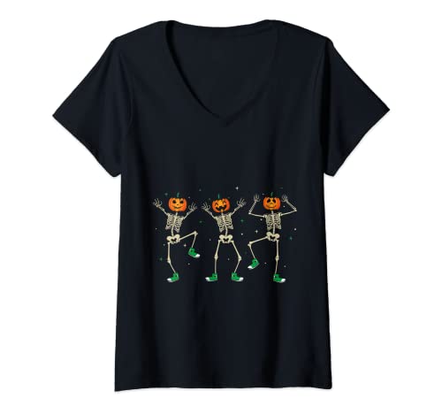 Womens Dancing Pumpkin head Skeletons in cool sneakers halloween V-Neck T-Shirt