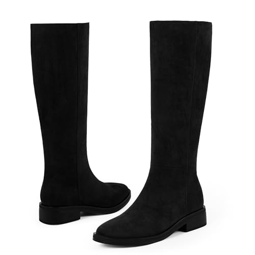 Image of Modatope Knee High Boots Women Round Toe Chunky Heel Fall Boots | Womens Low Flat Heel Long Boots with Side Zipper, Fashion Riding Boots Fall Winter