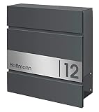 Frabox® Design Briefkasten Lens Basaltgrau RAL 7012 mit Hausnummer & Namen u. Zeitungsfach