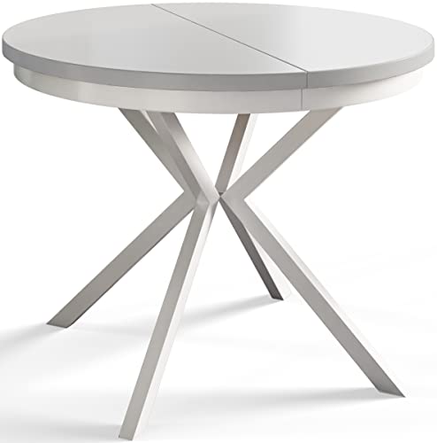 alpimeble Mesa Redonda de 90 cm / 170 cm Montaña,Mesa Plegable,Mesa de Cocina,Mesa de Comedor,Mesa de Comedor,Mesa de salón,Mesa de Interior,Mesa Moderna,Patas de Metal Blanco,Extensible,Blanco