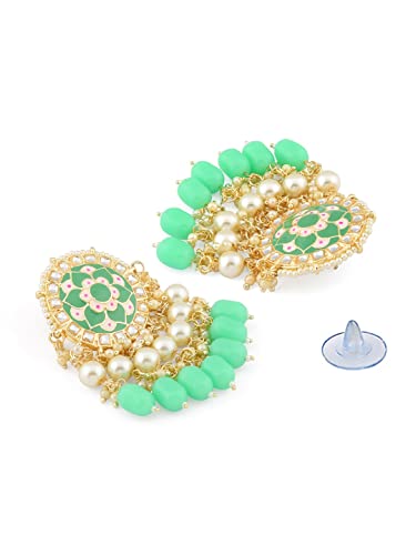 Image of ZAVERI PEARLS Green Meenakari Choker Necklace Earring Maangtikka & Ring Set For Women-ZPFK11606