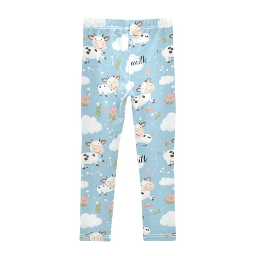 Wusikd Cute Flying Cows Girls' Leggings Toddler Doodles Clouds Flowers Kids Yoga Pants Dance Active Tights 4T2