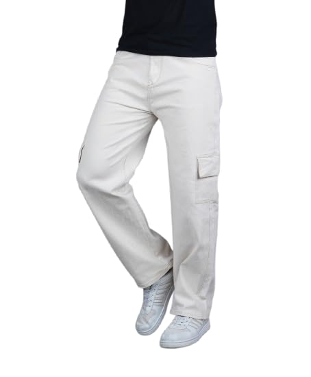 Moda Star Relaxed Fit Cargo Jeans, Beige, Multiple Pockets, Baggy Style-image-41