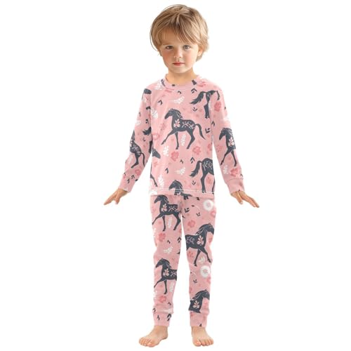 Fustylead Cute Horse Silhouette and Floral Decor Elements 2-Piece Cotton Pajama Set, Long Sleeve Top and Matching Bottom3