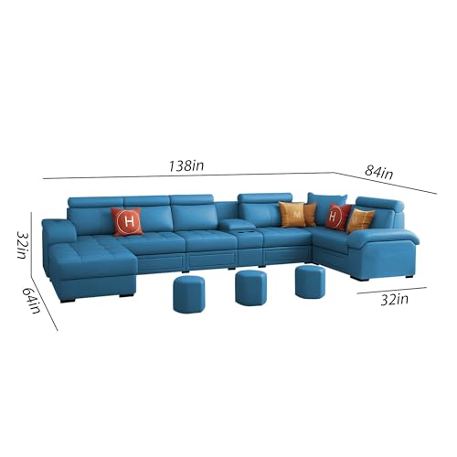 Image of Casaliving Emerson Modern U-Shaped Sectional Sofa Set 9 Seater, Sofa Couch with 3 Puffy for Hall (Turquise Colour) Premium Leatherette Fabric Sofa Set for Living Room