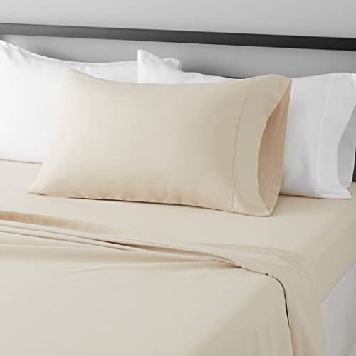 Image of Amazon Basics Lightweight Super Soft Easy Care Comfortable Breathable Brushed Microfiber 3-Piece Bed Sheet Set with 14-Inch Deep Pockets, Wrinkle Resistant, Twin XL, Beige, Solid