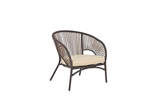 Image of DEVOKO 4 Piece Outdoor Patio Handwoven Rope Sofa Conversation Set with Cushioned Chair & Glass Top Table for Garden, Pool, Porch, Deck, Backyard (Dark Brown & Cream)