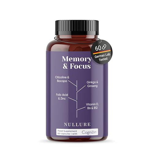 Nootropic Memory & Focus Nullure | Brain Supplement | Concentration · Energy · Focus | Citicolin COGNIZIN + Ginkgo Biloba 6000mg + Bacopa Monnieri + Ginseng | Caffeine Free | 60 Capsules