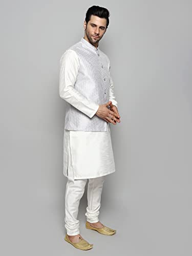 Image of Uri and MacKenzie Men's Silk Blend Kurta Churidar Pyjama with Stylish Nehru Jacket