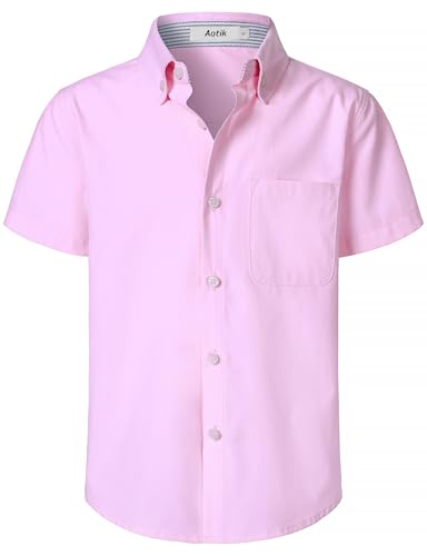 AOTIK Boys Oxford Button Down Shirt Short Sleeve Formal Uniform Dress Shirts with Pocket 12 Pink