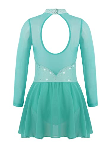 Feeshow Youth Girls Shiny Rhinestones Mesh Long Sleeves Figure Ice Skating Ballet Dance Leotard Gymnastic Dress Mint Green 8 Years #TOP1