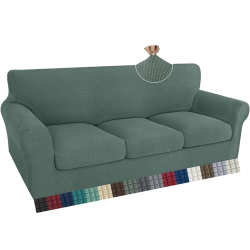 ZNSAYOTX 4 Piece Sofa Covers for 3 Cushion Couch, Super Soft Couch Slipcovers with Seat Cushion Cover Thick Durable, Spandex Blend High Stretch & Bottom Ties Furniture Sofa, Pea Green