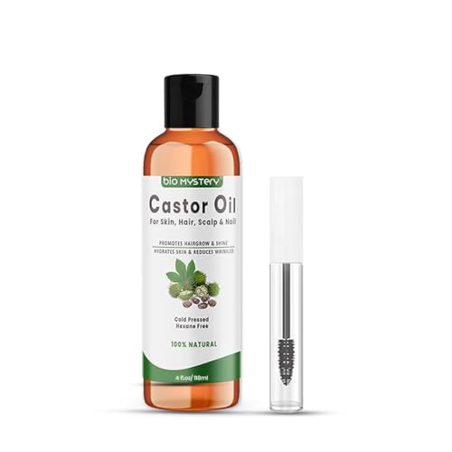 Bio Mystery 100% Pure Natural Castor Oil Cold Pressed, Hexane-Free, Unrefined Arandi Oil for Hair, Eyebrows, Thicker Eyelashes, Skin Moisturiser with Liner Brush (120ml/4 Oz)