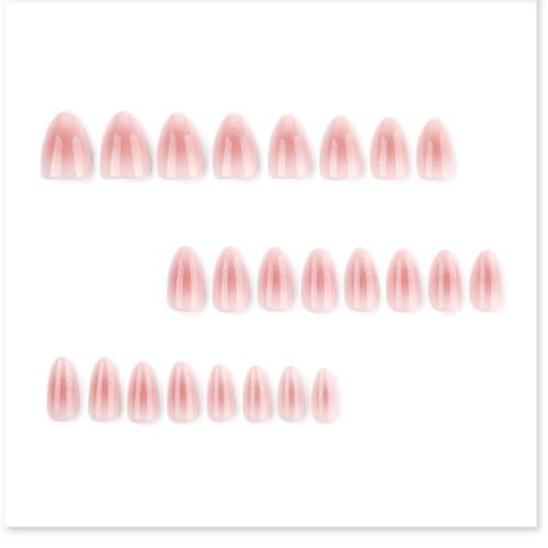 Image of Press on Nails Almond Nude Pink Gradient Fake Nails Glitter French Tip Nail | Glossy False Nail with Design Medium Length Stick on Nail for Women Reusable Artificial Nails for Daily 24Pcs