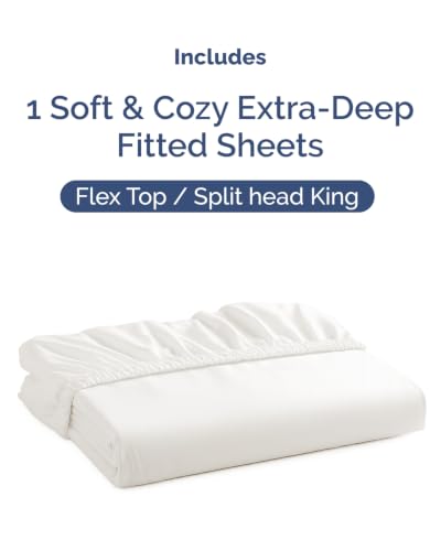 Image of Extra Deep Flex Top Split Head King Fitted Sheet - Hotel Luxury Single Fitted Sheet Only - Easily Fits 18 inch to 24 inch Mattress - Ultra Soft, Wrinkle Free w /Extra Deep Pockets - Antique White